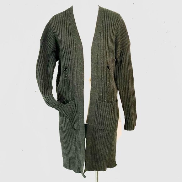 Sadie & Sage, EUC, Distressed Sweater, Open Front,  Charcoal Gray Cardigan, Med - Picture 2 of 14